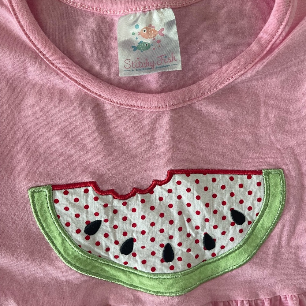Stitchy Fish Melon Smiles Appliqué  Pink Watermelon Dress Size 6 Cotton Blend - Picture 2 of 10